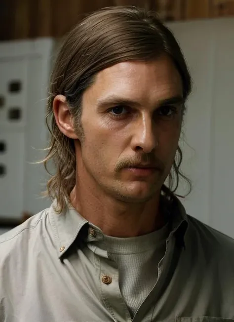 (<lora:RustCohle:1>) ,a close up Portrait photo of (rc1) man with messy hair, Detailed face, (perfect eyes), (highly detailed skin:1.1), perfect body, wearing a ((brown button up shirt)), Modelshoot style, Professional Photography, soft lighting, PHOTOREALISTIC, Realistic, standing in a dark studio background, blurred background, volumetric fog,. RAW, analog style, sharp focus, 8k, HD, DSLR, high quality, Fujifilm XT3, film grain, award winning, masterpiece,