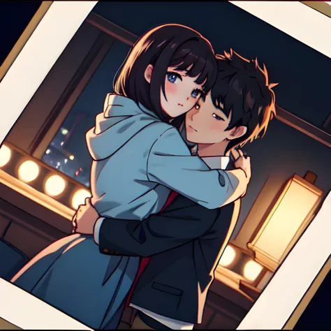 1boy, 1girl, hugging, nighttime, spotlight, polaroid picture. (MasterPiece) (Highly Detailed) (4k)