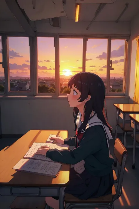 masterpiece,best quality,1girl,classroom,sunset,from side,from above,landscape