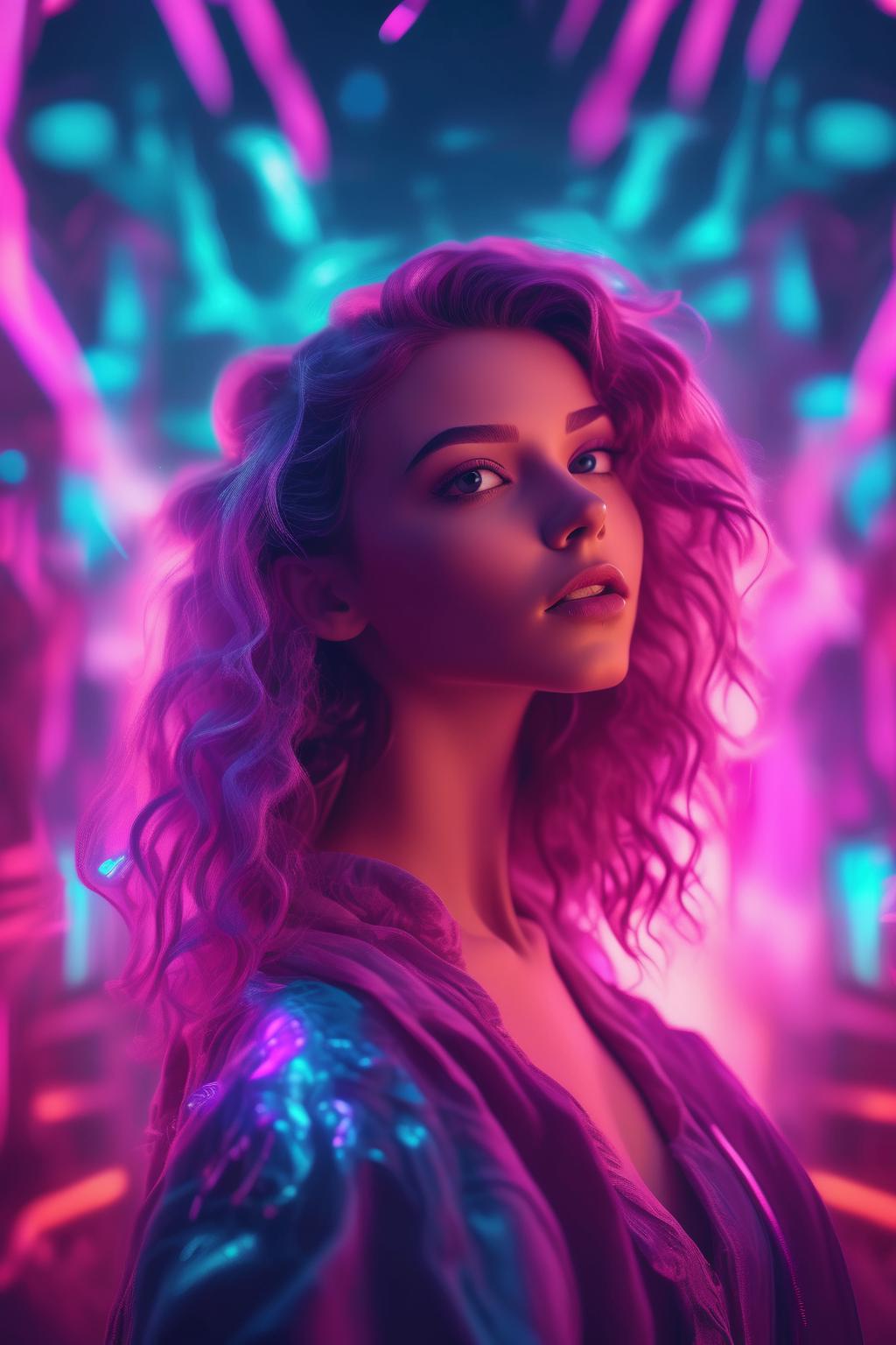 A woman with pink hair and neon lights in a dark room - SeaArt AI