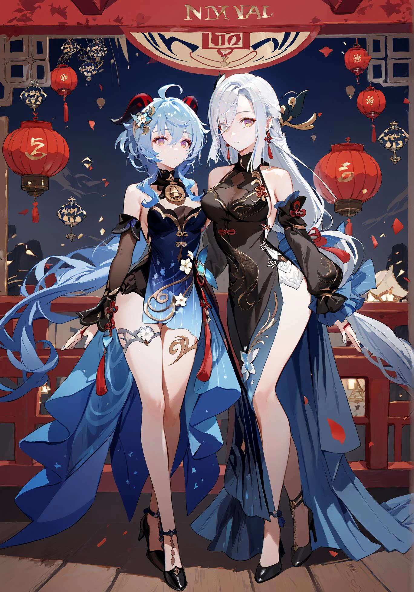 score_9, score_8_up, score_7_up, score_6_up, 8k,
8k, best quality, masterpiece, (ultra-detailed:1.1), (high detailed skin),
<lora:ganshenxianre-pony-Tanger-000003:0.8>, 2girls, Ganyu's new year's clothes, Shenhe's new year's clothes, ganyu \(genshin impact\), shenhe \(genshin impact\), horns, breasts, blue hair, long hair, high heels, dress, hair ornament,
((finely_detailed)), fine_fabric_emphasis,
((glossy)), full_shot, <lora:agm-artist-richy-v1_pdxl:0.7>,