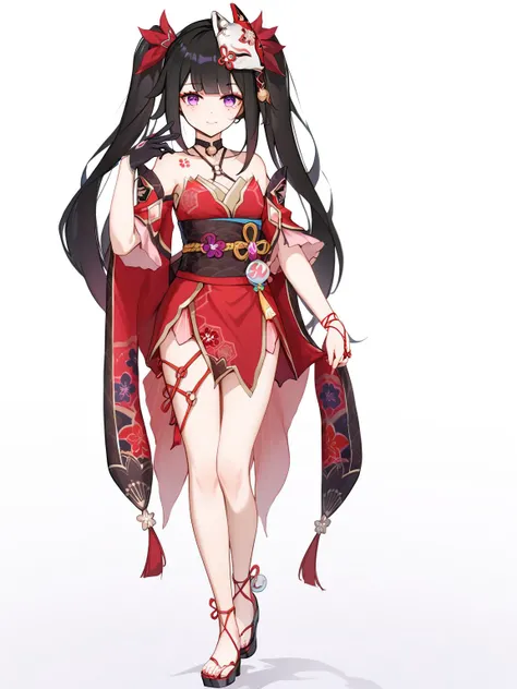 score_9,score_8_up,score_7_up,best quality,masterpiece,4k,uncensored,prefect lighting,rating_explicit,very aesthetic,anime,huahuo,1girl,single_glove,mask on head,sash,black hair,twintails,purple eyes,obi,(fox mask:1.1),single glove,japanese clothes,(Cherry blossom tattoo, chest tattoo:1.1), full_body,standing,white background,<lora:huahuo-v100-pony-000011:0.9>,, masterpiece, best quality,