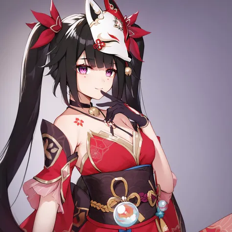 score_9,score_8_up,score_7_up,best quality,masterpiece,4k,uncensored,prefect lighting,rating_explicit,very aesthetic,anime,huahuo, 1girl, single_glove, mask on head, sash, black hair, twintails, purple eyes, obi, (fox mask:1.1), single glove, japanese clothes, (Cherry blossom tattoo, chest tattoo:1.1),,<lora:huahuo-v100-pony-000011:1>,, masterpiece, best quality,