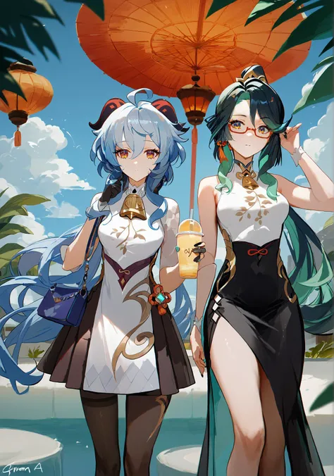 score_9, score_8_up, score_7_up, score_6_up, 8k,
8k, best quality, masterpiece, (ultra-detailed:1.1), (high detailed skin),
<lora:ganshenxianre-pony-Tanger-000003:0.8>, 2girls, Xianyun's def clothes, Xianyun \(genshin impact\), ganyu \(genshin impact\),Ganyu's casual clothes, long hair, glasses,
((finely_detailed)), fine_fabric_emphasis,
((glossy)), full_shot, <lora:agm-artist-richy-v1_pdxl:0.7>,