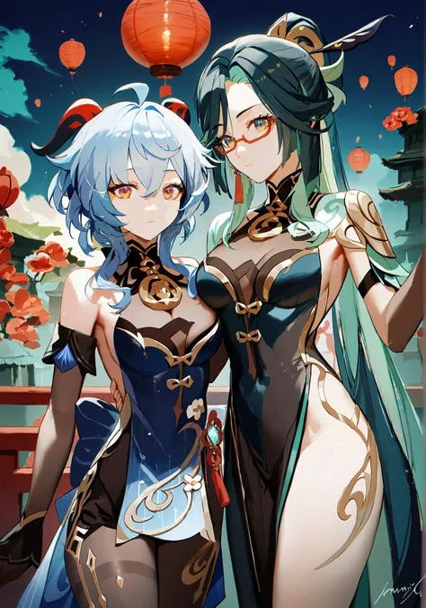 score_9, score_8_up, score_7_up, score_6_up, 8k,
8k, best quality, masterpiece, (ultra-detailed:1.1), (high detailed skin),
<lora:ganshenxianre-pony-Tanger-000003:0.8>, 2girls, Xianyun's def clothes, Xianyun \(genshin impact\), ganyu \(genshin impact\), Ganyu's new year's clothes, long hair, glasses,
((finely_detailed)), fine_fabric_emphasis,
((glossy)), full_shot, <lora:agm-artist-richy-v1_pdxl:0.7>,