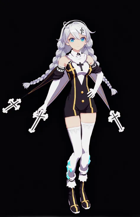 score_9, score_8_up, score_7_up, score_6_up, 8k, best quality, masterpiece, (ultra-detailed:1.1), (high detailed skin),
(full body), (black background:1.3), standing, looking at viewer, (solo), hand on hip,
<lora:kiana-young-pony-Tanger-000010:0.8>, kiana kaslana, shennv, 8th clothes, 1girl, nun, braid, twin braids, bare shoulders, bangs, boots, white thighhighs, gloves, hair ornament, long hair,
(beautiful_face), ((intricate_detail)), clear face,
((finely_detailed)), fine_fabric_emphasis,
((glossy)), full_shot,