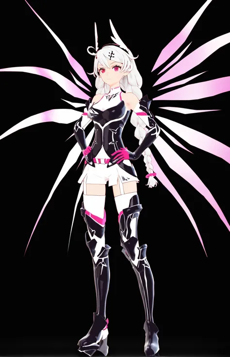 score_9, score_8_up, score_7_up, score_6_up, 8k, best quality, masterpiece, (ultra-detailed:1.1), (high detailed skin),
(full body), (black background:1.3), standing, looking at viewer, (solo), hand on hip,
<lora:kiana-young-pony-Tanger-000010:0.8>, kiana kaslana, dark yueguang, 4th clothes, 1girl, gloves, long hair, boots, thighhighs, energy wings, black footwear, hair ornament, braid, bangs, thigh boots,
(beautiful_face), ((intricate_detail)), clear face,
((finely_detailed)), fine_fabric_emphasis,
((glossy)), full_shot,