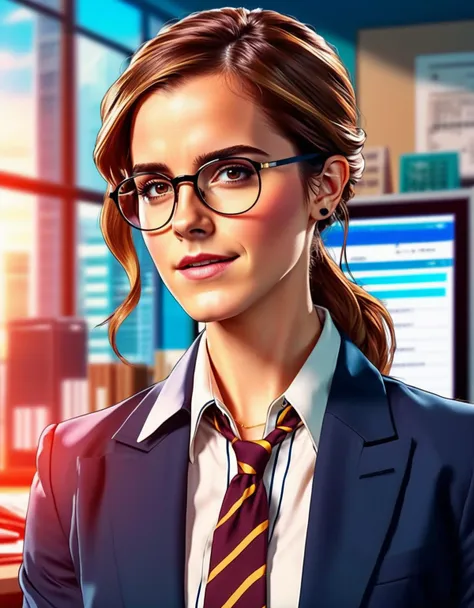 anime artwork Cinematic upper body portrait of emma watson as a woman ((dressed as a businesswoman wearing suit and glasses, in a 1980s style office setup)), Photorealistic image, 8k image, DSLR photography <lora:EmmaSDXL:0.72> . anime style, key visual, vibrant, studio anime, highly detailed