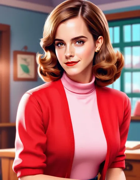 anime artwork Cinematic upper body portrait of emma watson as a woman ((dressed as a woman from the 1950s, Wearing a red turtleneck tshirt, 1950s style hairstyle, 1950s style house)), Photorealistic image, 8k image, DSLR photography <lora:EmmaSDXL:0.72> . anime style, key visual, vibrant, studio anime, highly detailed