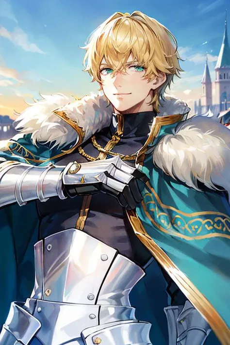 ((masterpiece)), ((best quality)), (ultra-detailed), absurdres, extremely detailed CG unity 8k wallpaper, Official Art, Accurate describe shapes, (realistic), detailed hands, expressive eyes, upper body, close-up, solo, (castle, scenery, dramatic light, illustration:1.1), (standing, arm at side, smile1.2), (1boy, mature male, muscular male, hair between eyes, blonde hair, short hair, green eyes:1.4), (white gauntlets, blue cape, blue shirt, blue trim, high collar, fur trim:1.3), , ((masterpiece)), absurdres, HDR, gawain - third ascension (fate)  <lora:Gawain - Fate:0.7> <lyco:GoodHands-beta2:1.0>