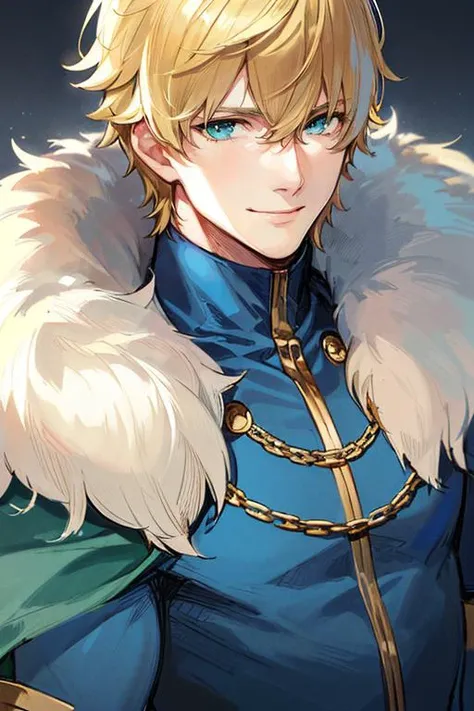 ((masterpiece)), ((best quality)), (ultra-detailed), absurdres, extremely detailed CG unity 8k wallpaper, Official Art, Accurate describe shapes, (realistic), detailed hands, expressive eyes, upper body, close-up, solo, (castle, scenery, dramatic light, illustration:1.1), (standing, arm at side, smile1.2), (1boy, mature male, muscular male, hair between eyes, blonde hair, short hair, green eyes:1.4), (white gauntlets, blue cape, blue shirt, blue trim, high collar, fur trim:1.3), , ((masterpiece)), absurdres, HDR, gawain (fate) <lora:Gawain - Fate:0.7> <lyco:GoodHands-beta2:1.0>