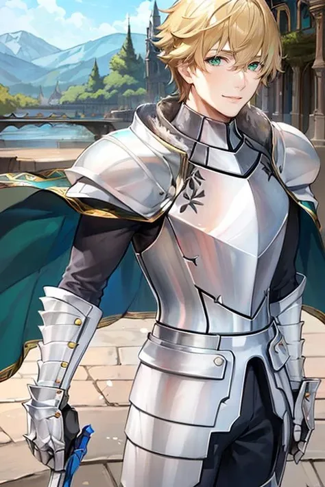 ((masterpiece)), ((best quality)), (ultra-detailed), absurdres, extremely detailed CG unity 8k wallpaper, Official Art, Accurate describe shapes, (realistic), detailed hands, expressive eyes, upper body, close-up, solo, (forest, scenery, dramatic light, illustration:1.1), (standing, arm at side, smile1.2), (1boy, mature male, muscular male, hair between eyes, blonde hair, short hair, green eyes:1.4), (white armor, white gauntlets, white breastplate, armored boots, pauldrons:1.3), , ((masterpiece)), absurdres, HDR, gawain - first ascension (fate) <lora:Gawain - Fate:0.7>