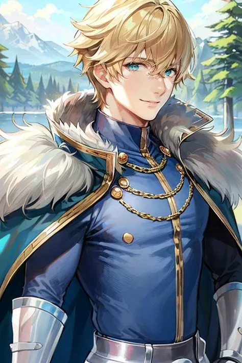 ((masterpiece)), ((best quality)), (ultra-detailed), absurdres, extremely detailed CG unity 8k wallpaper, Official Art, Accurate describe shapes, (realistic), detailed hands, expressive eyes, upper body, close-up, solo, (forest, scenery, dramatic light, illustration:1.1), (standing, arm at side, smile1.2), (1boy, mature male, muscular male, hair between eyes, blonde hair, short hair, green eyes:1.4), (white gauntlets, blue cape, blue shirt, blue trim, high collar, fur trim:1.3), , ((masterpiece)), absurdres, HDR, gawain - third ascension (fate) <lora:Gawain - Fate:0.7>
