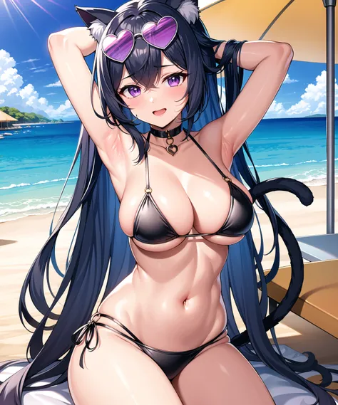 masterpiece, best quality, ultra-detailed, illustration, warm lighting, bright colors, 1girl, solo, purple eyes, dark blue hair, dark skin, carmen_(counter:side), cat ears, cat girl, cat tail, very long hair, jewelry, crazy eyes, crazy_eyes, medium breast, heart-shaped eyewear,

armpits, arms up, beach, bikini, eyewear on head, ocean, beach towel, beach chair,  sitting, cowboy shot, thighs, tying hair,

micro bikini, o-ring, navel, heart,

 <lora:carmen_com3:0.5>