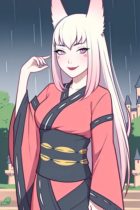 (masterpiece, best quality:1.2), very detailed illustrations, original, ((ancient castle)), rain, 1girl, solo, <lora:Mar1:0.5>,long hair, animal ears, pink eyes, facial mark, looking at viewer, kimono, posing, smile,