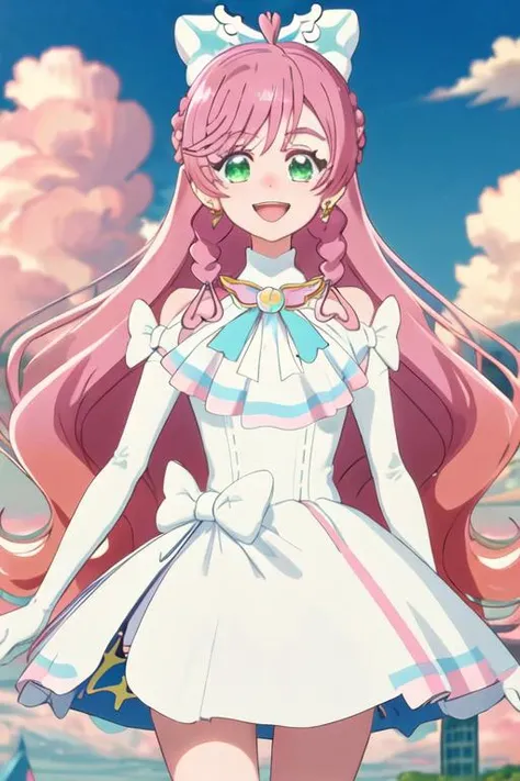best quality, masterpiece, highres, solo, {cure_prism_hirogaruskyprecure:1.15}, long_hair, green_eyes, pink_hair, bow, open_mouth, bangs, smile, white_bow, 1girl, blue_sky, braid, cloud, day, earrings, jewelry, magical_girl, sky, parody, heart, looking_at_viewer, upper_body
