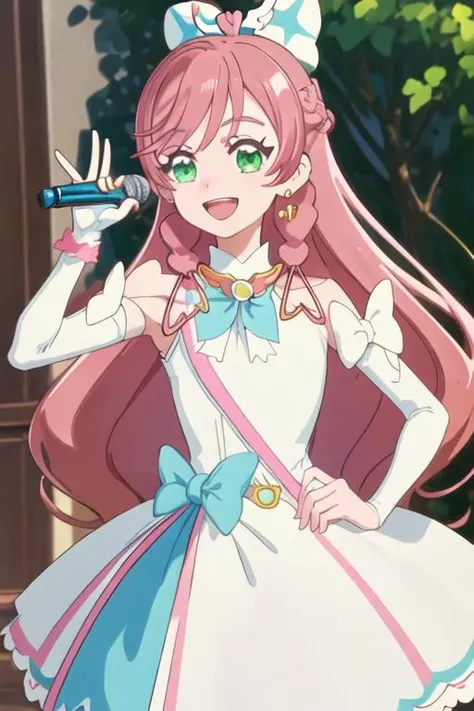 best quality, masterpiece, highres, solo, {cure_prism_hirogaruskyprecure:1.15}, long_hair, green_eyes, pink_hair, bow, open_mouth, bangs, smile, white_bow, 1girl, microphone, holding, looking_at_viewer, braid, :d, holding_microphone, upper_body, earrings, jewelry, v, idol