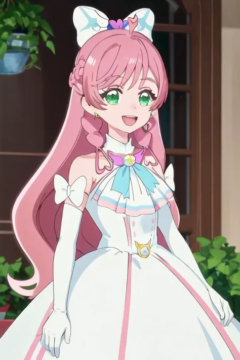 best quality, masterpiece, highres, solo, {cure_prism_hirogaruskyprecure:1.15}, long_hair, green_eyes, pink_hair, bow, open_mouth, bangs, smile, white_bow, 1girl, earrings, gloves, hair_bow, jewelry, looking_at_viewer, :d, ahoge, dress, heart, sleeveless, upper_body, white_dress, elbow_gloves, magical_girl, very_long_hair, white_gloves