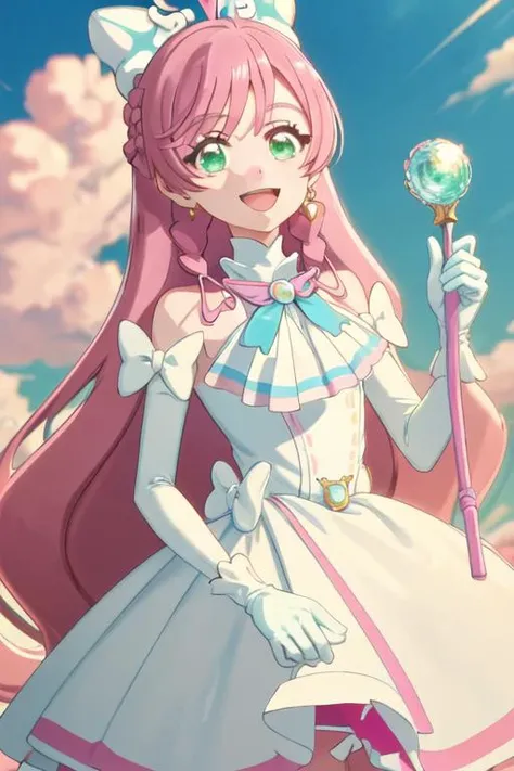 best quality, masterpiece, highres, solo, {cure_prism_hirogaruskyprecure:1.15}, long_hair, green_eyes, pink_hair, bow, open_mouth, bangs, smile, white_bow, 1girl, earrings, jewelry, looking_at_viewer, magical_girl, sky, braid, upper_body, wand, cloud, ahoge, close-up, gloves, staff