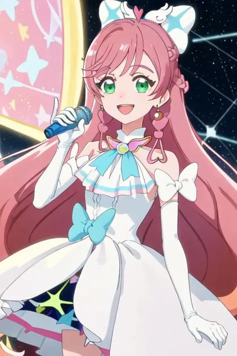 best quality, masterpiece, highres, solo, {cure_prism_hirogaruskyprecure:1.15}, long_hair, green_eyes, pink_hair, bow, open_mouth, bangs, smile, white_bow, 1girl, braid, gloves, holding, looking_at_viewer, microphone, white_gloves, earrings, holding_microphone, jewelry