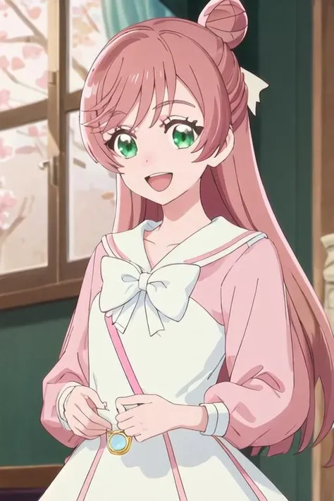 best quality, masterpiece, highres, solo, {cure_prism_hirogaruskyprecure:1.15}, long_hair, green_eyes, pink_hair, bow, open_mouth, bangs, smile, white_bow, 1girl, anime_coloring, bowtie, brown_hair, pink_shirt, sailor_collar, school_uniform, shirt, upper_body, white_bowtie, white_sailor_collar, :d, hair_bun, looking_at_viewer, single_hair_bun