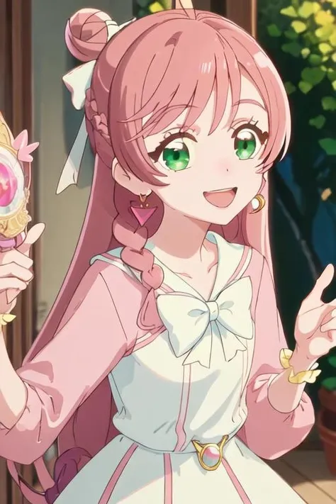 best quality, masterpiece, highres, solo, {cure_prism_hirogaruskyprecure:1.15}, long_hair, green_eyes, pink_hair, bow, open_mouth, bangs, smile, white_bow, 1girl, braid, earrings, jewelry, looking_at_viewer, portrait, closed_mouth