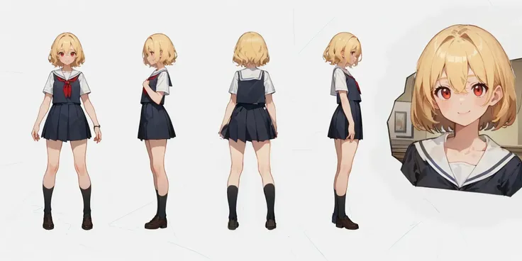 (finely best quality illustration:1.1), simple background, (white background:1.3), 
1girl, 15YO, A photographic style character turnaround of a an girl, 
Multiple views of the same character in the same outfit, 
detailed face, smile, 
(blonde hair:1.1), (wavy hair:1.1), short hair, hair_between_eyes, 
detailed red eye, 
small breasts, flat chest, collarbone, 
school uniform, short sleeves, 
<lora:mw_charturn3:0.25:lbw=OUTALL>, <lora:onimai-cs1-dim8-4-loha:0.7:lbw=INS>, 