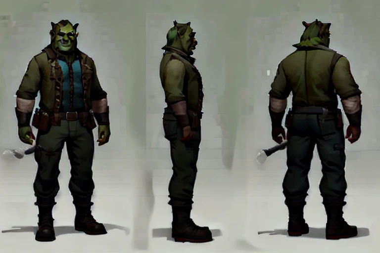 a character turnaround of a buff (green-skinned) orc in a three piece suit, <lora:charturnerbetaLora_charturnbetalora:1>