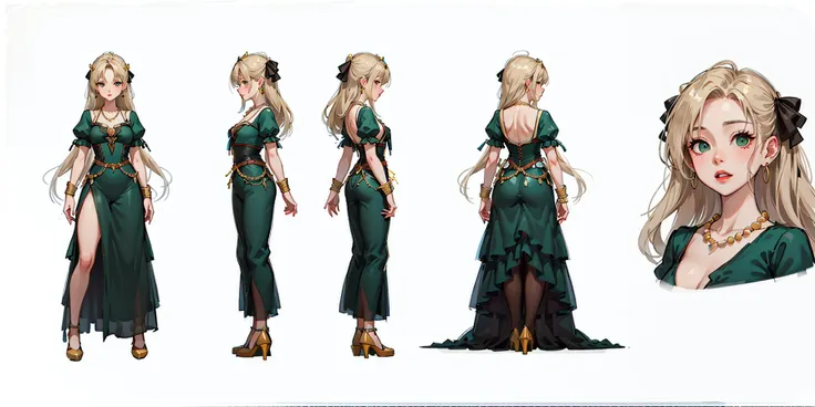 masterpiece:1.6, best quality:1.4, real picture:1.2, intricate details:1.2, charturnerv2:1.2, full body character turnaround of 1lady,
Appearance: milf:1.25, slender:1.3, green eyes, small breasts, flat chest, sharp eyes,
Clothing: green maxi dress,
Accessories: golden ring, simple hoop earrings, shell necklace, hair bow, hair ornament,
Hair: long blonde hair, messy hair,
Makeup: natural, glowing skin,
(simple background, white background:1.3), <lora:charturnerbetaLora:.4>, multiple views, Multiple views of the same character in the same outfit:1.3.