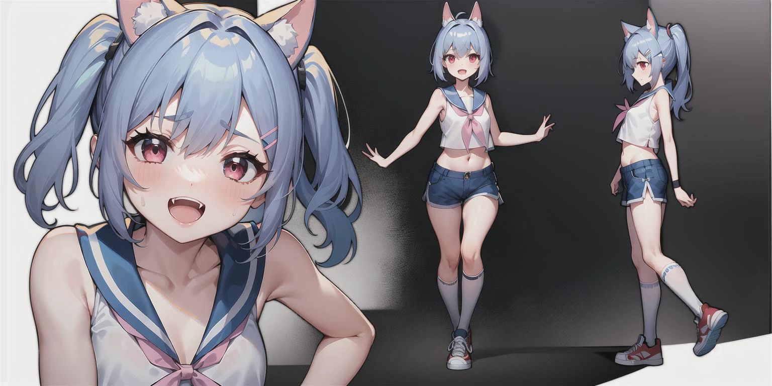 1girl, :d, bandaid, bandaid_on_knee, bangs, bare_shoulders, blue_hair, blue_sailor_collar, blue_shorts, blush, white pink cat ears, collarbone, crop_top, fang, hairclip, kneehighs, long_hair, midriff, navel, one_side_up, open_mouth, red_eyes, sailor_collar, shirt, shoes, shorts, sleeveless, sleeveless_shirt, small_breasts, smile, sneakers, socks, solo, standing, sweatband, two_side_up, white_legwear, white_shirt, (white_background:1.6)<lora:Maj-Soul:.7> <lora:charTurnBetaLora:.3>,multiple views,full_body