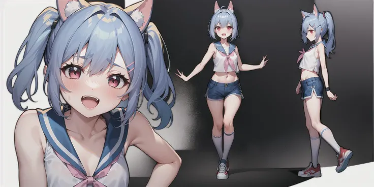 1girl, :d, bandaid, bandaid_on_knee, bangs, bare_shoulders, blue_hair, blue_sailor_collar, blue_shorts, blush, white pink cat ears, collarbone, crop_top, fang, hairclip, kneehighs, long_hair, midriff, navel, one_side_up, open_mouth, red_eyes, sailor_collar, shirt, shoes, shorts, sleeveless, sleeveless_shirt, small_breasts, smile, sneakers, socks, solo, standing,  sweatband, two_side_up, white_legwear, white_shirt, (white_background:1.6)<lora:Maj-Soul:.7>  <lora:charTurnBetaLora:.3>,multiple views,full_body