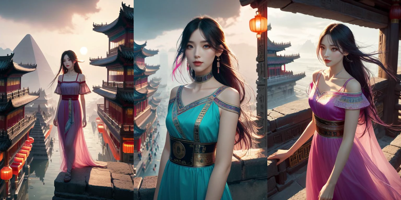 (otherworldly, otherworldly atmosphere, otherworldly appearance), highly insanely detailed, masterpiece, top quality, best quality, highres, 4k, 8k, RAW photo, 
((ancient egyptian theme:1.2)), Hong Kong structure, building, structure, taiwan, korean, 
swirling energy, 
tentacle, 
(underwater), 
reflection, reflective floor, 
abandoned building, overgrown with vegetation, [volumetric fog], cinematic lighting, colorful, colourful, 
(long_hair, long hair, random colors hair, glowing hair, hair over one eye, long messy hair), 
(eyelashes, eyeliner, eyeshadow, eyelashes, long eyelashes), 
collar, earrings, jewelry, necklace, armlet, 
high-heels, 
nsfw, 
cleavage, perfect female body, makeup, 
action pose, 
drunk, biting, 
dawn, 
(((china style))), (((crowd in busy old street))), wind, cloud sky, night, solo, 1girl, smile, rosy lips, short sleeves, off shoulders, qipao hanfu mixed, (((collarbone))), ((girl stand on top floor)), city wall, ager, ribbon bunhair longhair, hairclip, ((petite figure)), <lora:girllikecitywall:1>, (fantasy world)