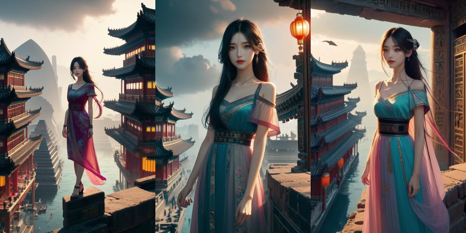 (otherworldly, otherworldly atmosphere, otherworldly appearance), highly insanely detailed, masterpiece, top quality, best quality, highres, 4k, 8k, RAW photo, 
((ancient egyptian theme:1.2)), Hong Kong structure, building, structure, taiwan, korean, 
swirling energy, 
tentacle, 
(underwater), 
reflection, reflective floor, 
abandoned building, overgrown with vegetation, [volumetric fog], cinematic lighting, colorful, colourful, 
(long_hair, long hair, random colors hair, glowing hair, hair over one eye, long messy hair), 
(eyelashes, eyeliner, eyeshadow, eyelashes, long eyelashes), 
collar, earrings, jewelry, necklace, armlet, 
high-heels, 
nsfw, 
cleavage, perfect female body, makeup, 
action pose, 
drunk, biting, 
dawn, 
(((china style))), (((crowd in busy old street))), wind, cloud sky, night, solo, 1girl, smile, rosy lips, short sleeves, off shoulders, qipao hanfu mixed, (((collarbone))), ((girl stand on top floor)), city wall, ager, ribbon bunhair longhair, hairclip, ((petite figure)), <lora:girllikecitywall:1>, (fantasy world)