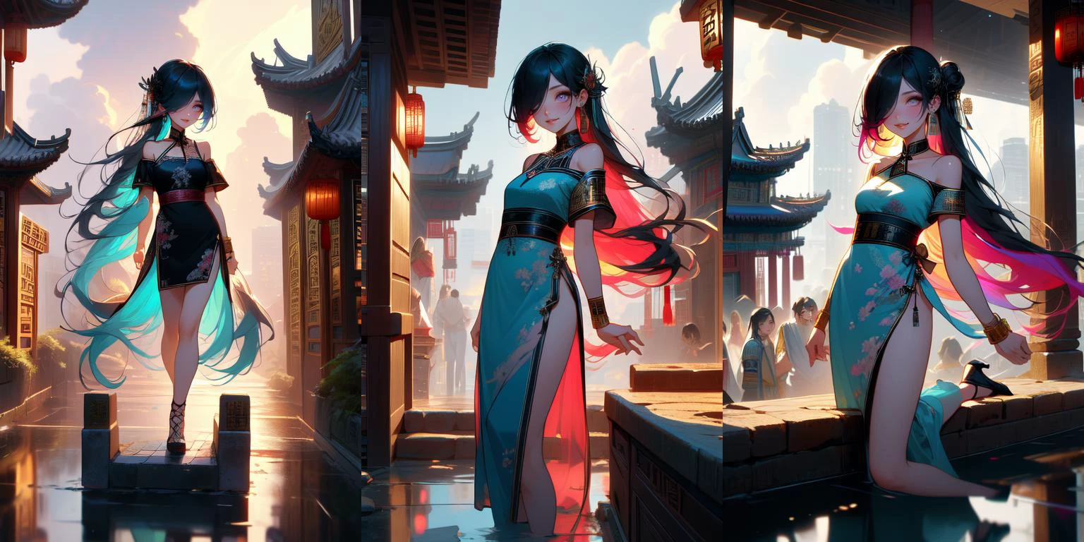 (otherworldly, otherworldly atmosphere, otherworldly appearance), highly insanely detailed, masterpiece, top quality, best quality, highres, 4k, 8k, RAW photo, 
((ancient egyptian theme:1.2)), Hong Kong structure, building, structure, taiwan, korean, 
swirling energy, 
tentacle, 
(underwater), 
reflection, reflective floor, 
abandoned building, overgrown with vegetation, [volumetric fog], cinematic lighting, colorful, colourful, 
(long_hair, long hair, random colors hair, glowing hair, hair over one eye, long messy hair), 
(eyelashes, eyeliner, eyeshadow, eyelashes, long eyelashes), 
collar, earrings, jewelry, necklace, armlet, 
high-heels, 
nsfw, 
cleavage, perfect female body, makeup, 
action pose, 
drunk, biting, 
dawn, 
(((china style))), (((crowd in busy old street))), wind, cloud sky, night, solo, 1girl, smile, rosy lips, short sleeves, off shoulders, qipao hanfu mixed, (((collarbone))), ((girl stand on top floor)), city wall, ager, ribbon bunhair longhair, hairclip, ((petite figure)), <lora:girllikecitywall:1>, (fantasy world)