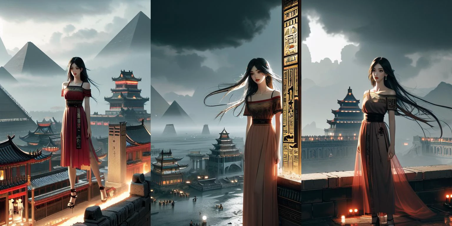 (otherworldly, otherworldly atmosphere, otherworldly appearance), highly insanely detailed, masterpiece, top quality, best quality, highres, 4k, 8k, RAW photo, 
((ancient egyptian theme:1.2)), Hong Kong structure, building, structure, taiwan, korean, 
swirling energy, 
tentacle, 
(underwater), 
reflection, reflective floor, 
abandoned building, overgrown with vegetation, [volumetric fog], cinematic lighting, colorful, colourful, 
(long_hair, long hair, random colors hair, glowing hair, hair over one eye, long messy hair), 
(eyelashes, eyeliner, eyeshadow, eyelashes, long eyelashes), 
collar, earrings, jewelry, necklace, armlet, 
high-heels, 
nsfw, 
cleavage, perfect female body, makeup, 
action pose, 
drunk, biting, 
dawn, 
(((china style))), (((crowd in busy old street))), wind, cloud sky, night, solo, 1girl, smile, rosy lips, short sleeves, off shoulders, qipao hanfu mixed, (((collarbone))), ((girl stand on top floor)), city wall, ager, ribbon bunhair longhair, hairclip, ((petite figure)), <lora:girllikecitywall:1>, (fantasy world)