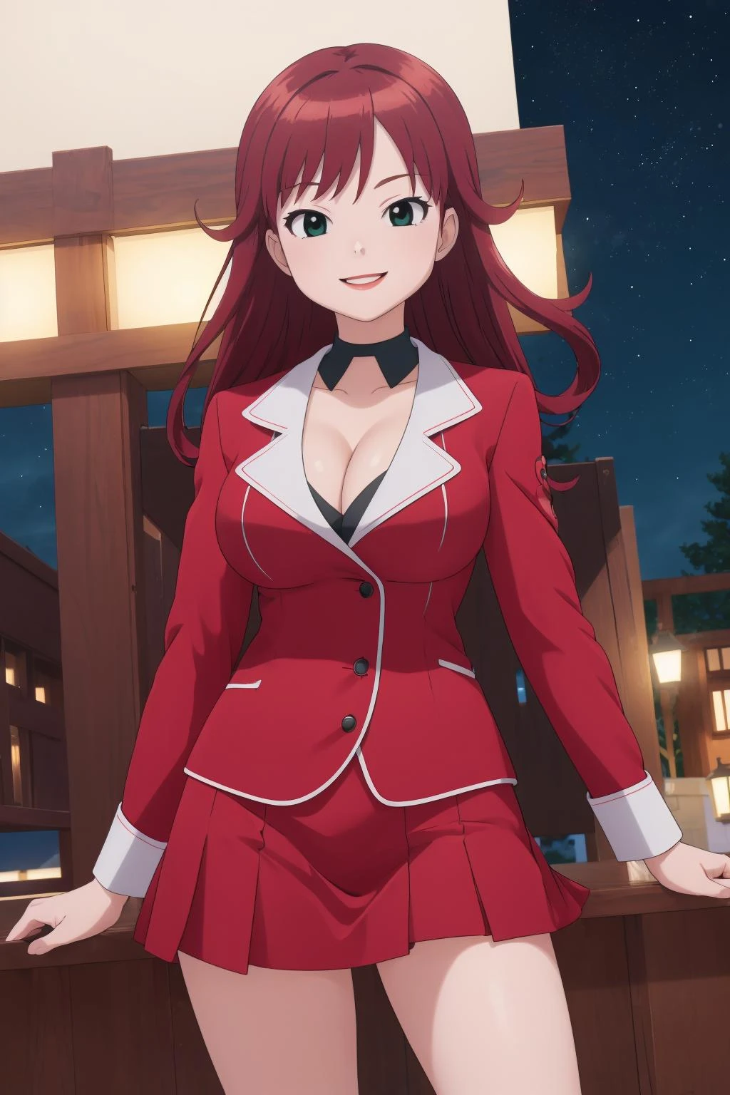 ((masterpiece,best quality)), absurdres,
ruiakana, red hair, red skirt, red jacket, black choker, green eyes, black shoes, bare legs, big breasts, cleavage
solo, smiling, looking at viewer,
night sky, <lora:RuiAkana:0.8>, beautiful character design, perfect eyes, perfect face, expressive eyes, perfect balance,
official art, extremely detailed CG unity 8k wallpaper, perfect lighting, Colorful, Bright_Front_face_Lighting, (masterpiece:1.0),(best_quality:1.0), ultra high res,4K,ultra-detailed, photography, 8K, HDR, highres, absurdres:1.2, Kodak portra 400, film grain, blurry background, professional photograph,
<lora:more_details:0.1>