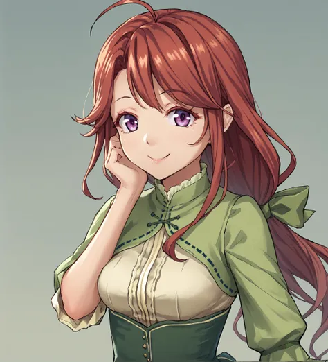 score_9, score_8_up, score_7_up, score_6_up, score_5_up, score_4_up, BREAK source_anime,
<lora:TrailsOfColdSteel-Erebonians:0.9>, Fiona Craig, long hair, red hair, low-tied long hair, ahoge, purple eyes, medium breasts, green dress, ruffles, long skirt, corset, black pantyhose, brown boots,
<lora:rhasta:1>
looking at viewer, happy, smile,  upper body, portrait,
simple background,