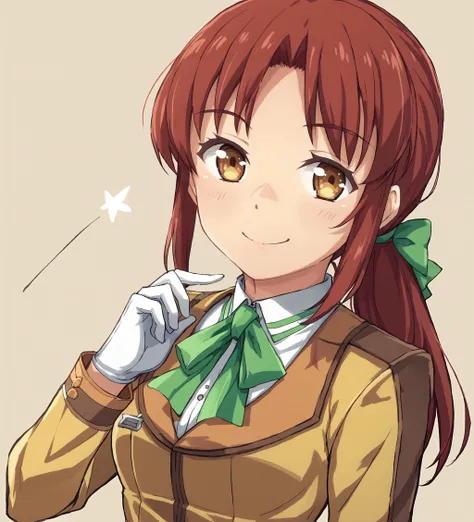 score_9, score_8_up, score_7_up, score_6_up, score_5_up, score_4_up, BREAK source_anime,
<lora:TrailsOfColdSteel-Erebonians:0.9>, Patiry, red hair, ponytail, brown eyes, medium breasts, green ribbon, yellow uniform, black pantyhose, white gloves, brown shoes
<lora:okota_mikan:1>
looking at viewer, happy, smile, upper body, portrait,
simple background,