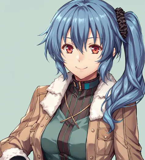 score_9, score_8_up, score_7_up, score_6_up, score_5_up, score_4_up, BREAK source_anime,
<lora:TrailsOfColdSteel-Erebonians:0.9>, Claire Rieveldt, blue hair, side ponytail, scrunchie, red eyes, medium breasts,  brown jacket, fur trim, green top, black collar, green skirt, belt, grey boots,
<lora:piroponyv3:1>, <lora:Chocochip:0.8>
looking at viewer, happy, smile,  upper body, portrait,
simple background,