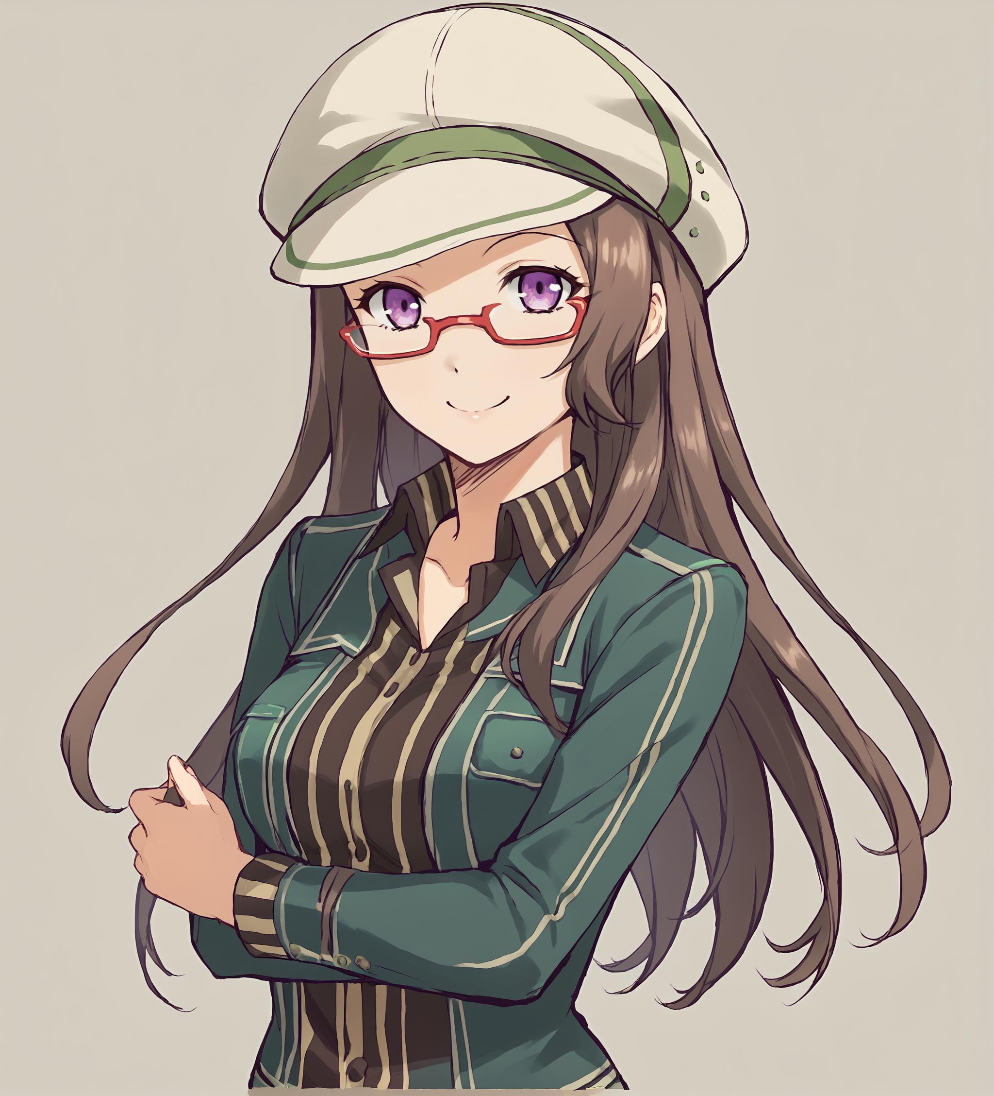 Anime girl with glasses and a hat posing for a picture - SeaArt AI