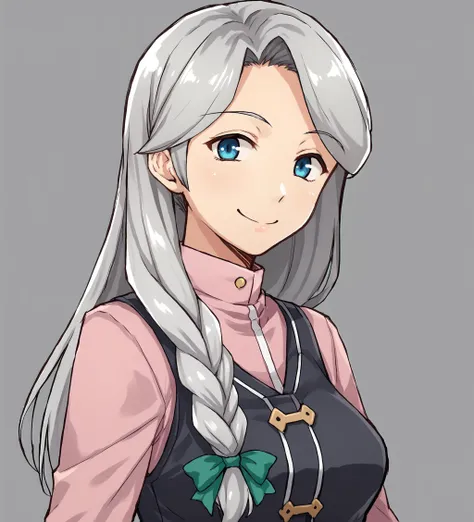 score_9, score_8_up, score_7_up, score_6_up, score_5_up, score_4_up, BREAK source_anime,
<lora:TrailsOfColdSteel-Erebonians:0.9>, Diana, long hair, grey hair, single braid, hair over one shoulder, hair ribbon, blue eyes, large breasts, black vest, pink shirt, pink sleeves, brown skirt, long skirt, pumps,
mugichoko_\(mugi_no_choko\),
looking at viewer, happy, smile, upper body, portrait,
simple background,