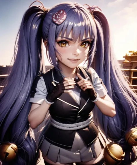 (masterpiece, best quality, extremely detailed CG, beautiful detailed eyes, ultra-detailed, intricate details:1.2), 8k wallpaper, elaborate features, glistening shiny, glowing light, ray tracing, HDR, deph of field, (perfect face), HD, perfect lighting, ((beautiful detailed eyelashes)), ((cowboy shot)), outdoors, full body, (((3D))), full body,
NaoeKanetsugu, 1girl, thighhighs, print thighhighs, long hair, hair bell, jingle bell, purple hair, gloves, hair ornament, very long hair, yellow eyes, fingerless gloves, twintails, skirt, smile, black legwear, striped, black gloves, flower, shirt, serafuku, short sleeves,
<lora:NaoeKanetsugu:1>