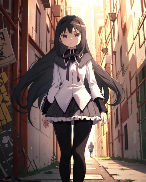 masterpiece, high quality, 1girl, solo, homuramagica, walking, <lora:homura_akemi:0.9>, cowboy shot, outdoors, city, street, walking, black tights