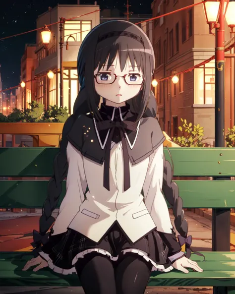 masterpiece, high quality, 1girl, solo, homuramagica, <lora:homura_akemi:1>, cowboy shot, outdoors, park, bench, night, sky, stars, sitting, black tights, frontal view, glasses, twin braids