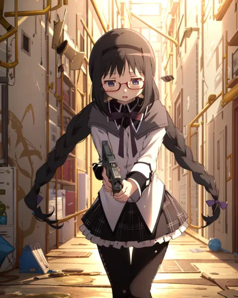 masterpiece, high quality, 1girl, solo, homuramagica, <lora:homura_akemi:1>, cowboy shot, outdoors, holding a gun, pistol, aiming, black tights, frontal view, glasses, twin braids