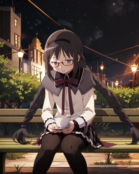 masterpiece, high quality, 1girl, solo, homuramagica, <lora:homura_akemi:1>, cowboy shot, outdoors, park, bench, night, sky, stars, sitting, black tights, frontal view, glasses, twin braids