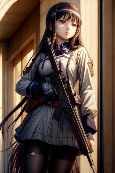 ((masterpiece)), ((best quality)), homuramagica, long hair, pantyhose, holding gun, rifle, trigger discipline, killing viewer, enchanting expressionless, detailed eyes description, scowling, pouting, looking down on the viewer, outdoor. <lora:homura-chan:0.7> <lora:add_detail:1>