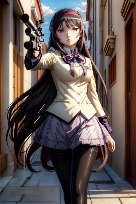((masterpiece)), ((best quality)), homuramagica, long hair, pantyhose, holding gun, rifle, trigger discipline, killing viewer, enchanting expressionless, detailed eyes description, scowling, pouting, looking down on the viewer, outdoor. <lora:homura-chan:0.7>  <lora:add_detail:1>