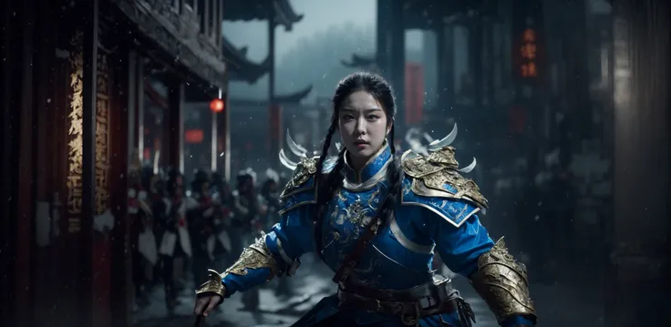 masterpiece, best qualityinsane details, intricate details, hyperdetailed, hyper quality, high detail, ultra detailed, Masterpiece, White and blue themeRealistic, hyperrealistic, realistic
Chinese martial arts war scenes, a girl Chinese wearing blue and white porcelain armor, chinese ink style, martial arts style, Chinese fairy tale,highly detailed, dynamic, cinematic, stunning, realistic lighting and shading, vivid, vibrant, 8k,octane render, unreal engine, very detailed, concept art, realistic, Cry engine,
(Armor:1.1), ceramics, blue and white porcelain, porcelainmetallic sheen, Golden metal, metallic, (plate armor:1.1),breastplate,paladin,armor,noble,cape,ornate, Chinese architecture <lora:blue and white porcelain_20230903005832:1>