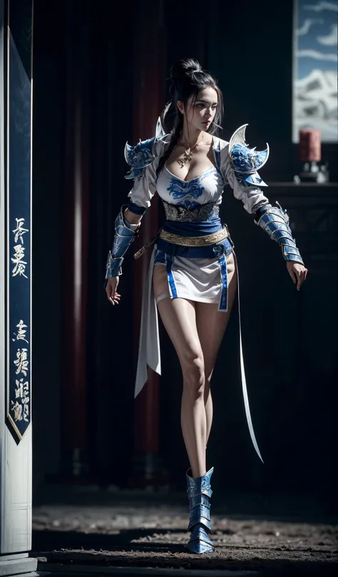 masterpiece, best qualityWhite and blue themeblue and white porcelainoutdoorsexposed collarbone, exposed shoulders(gigantic breasts:0.7),(long legs:1.1),(skinny legs:1.6), (cleavage mole:1.3)Extremely Delicate Beautiful,
Chinese martial arts war scenes, a girl Chinese wearing blue and white porcelain armor,chinese dlothesblue dresslong sleevesswordholding weapon(full armor:1.5)gauntletssheathpauldrons
chinese ink style, martial arts style, Chinese fairy tale,highly detailed, dynamic, cinematic, stunning, Chinese architectureeast asian architecture Milky skin, shiny skin
A shot with tension(sky glows red,Visual impact,giving the poster a dynamic and visually striking appearance:1.2),Chinese Zen style,impactful picture,
<lora:blue and white porcelain_20230903005832:0.8>